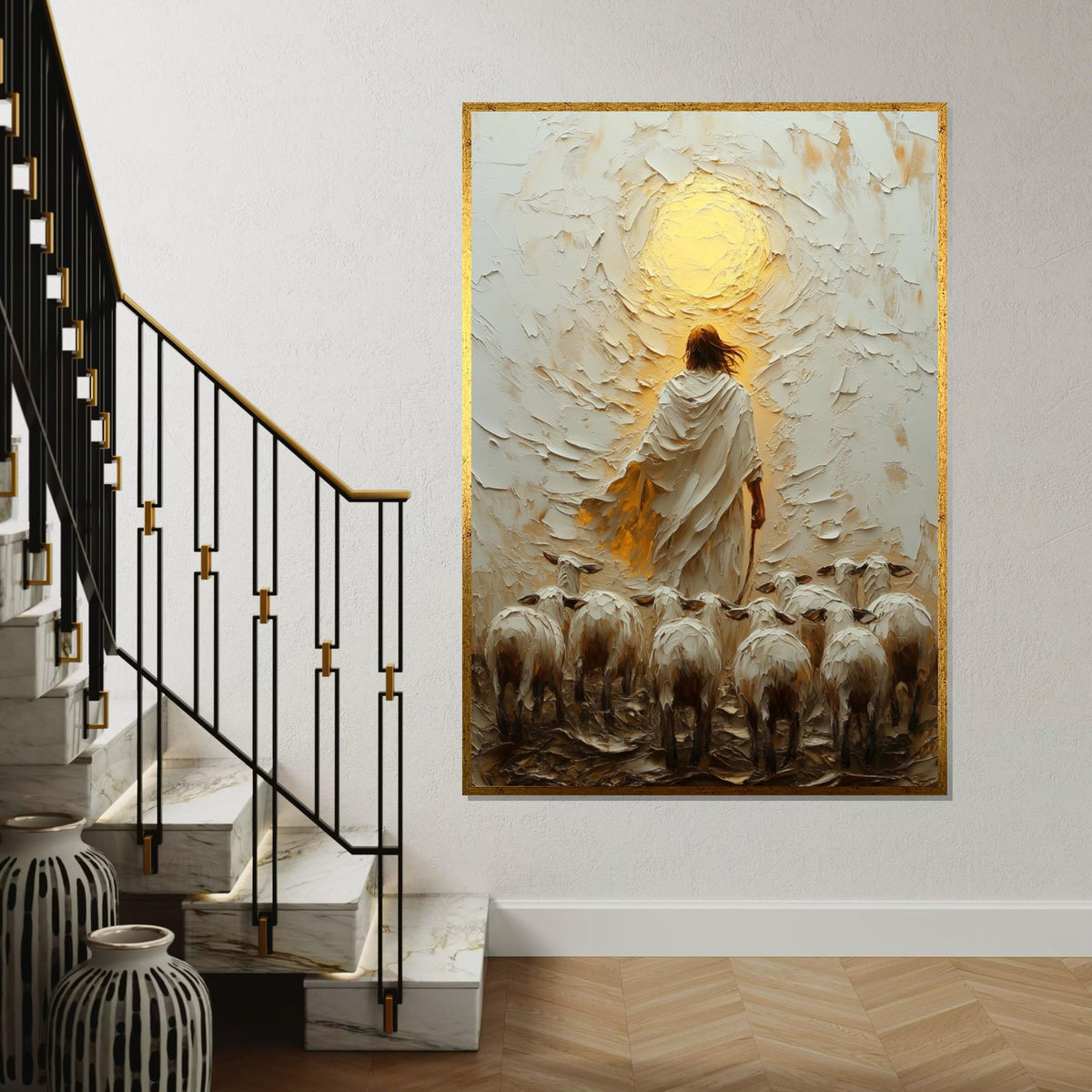 Shepherd Leading Flock Canvas, Jesus Art, Religious Wall Art, Divine Light Oil Painting, Inspirational Canvas Design, Ready to Hang