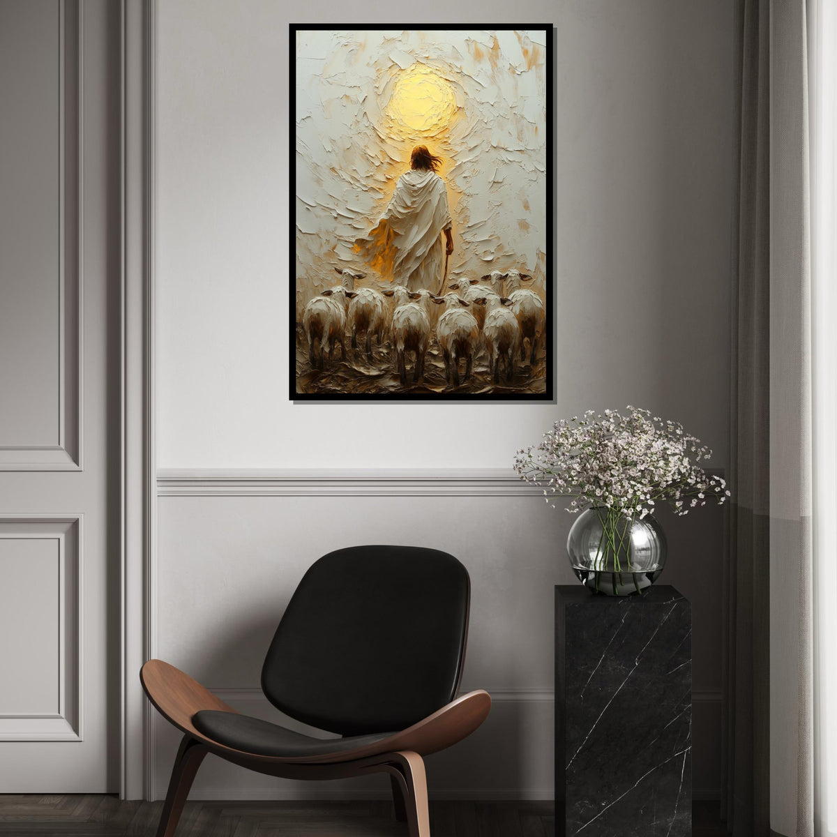 Shepherd Leading Flock Canvas, Jesus Art, Religious Wall Art, Divine Light Oil Painting, Inspirational Canvas Design, Ready to Hang
