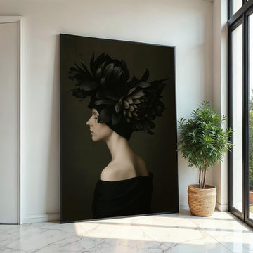 Elegant Floral Headdress Canvas, Woman in Profile Art, Flower Art Print, Wall Art Canvas Design, Ready to Hang Decoration