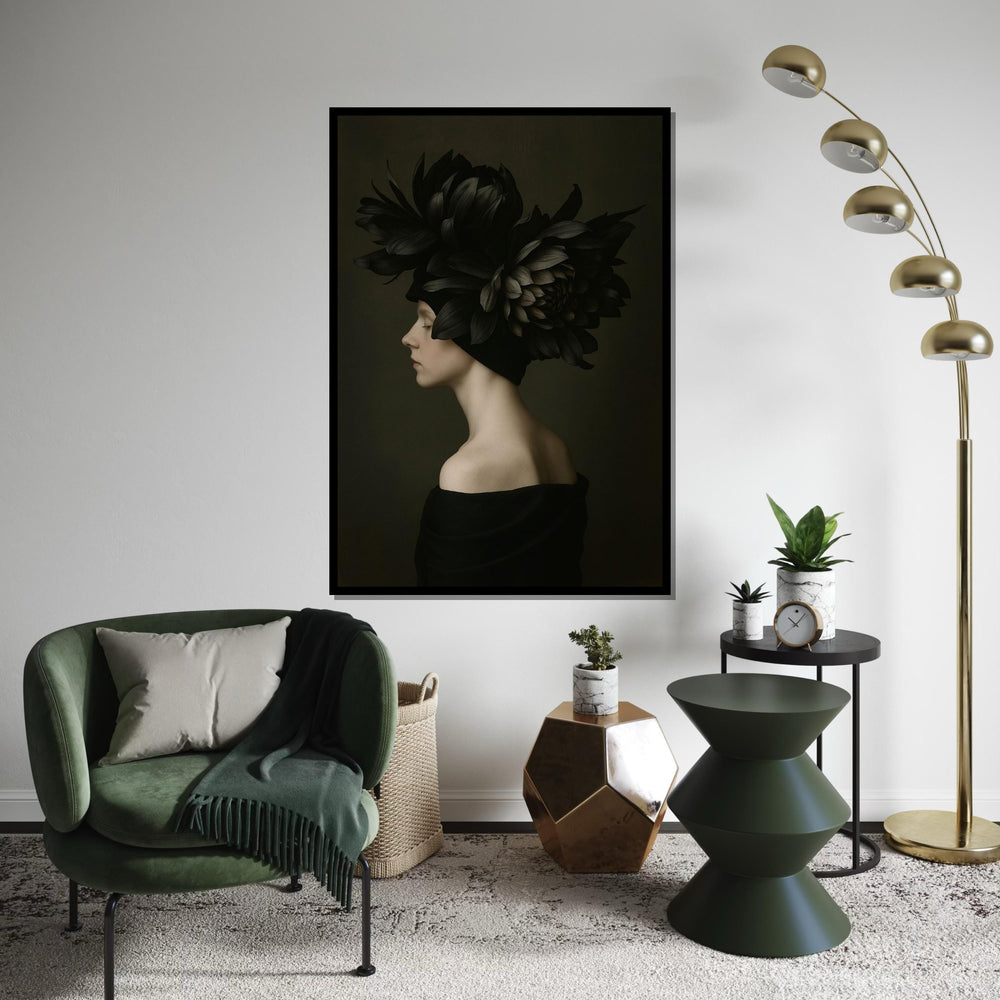 Elegant Floral Headdress Canvas, Woman in Profile Art, Flower Art Print, Wall Art Canvas Design, Ready to Hang Decoration