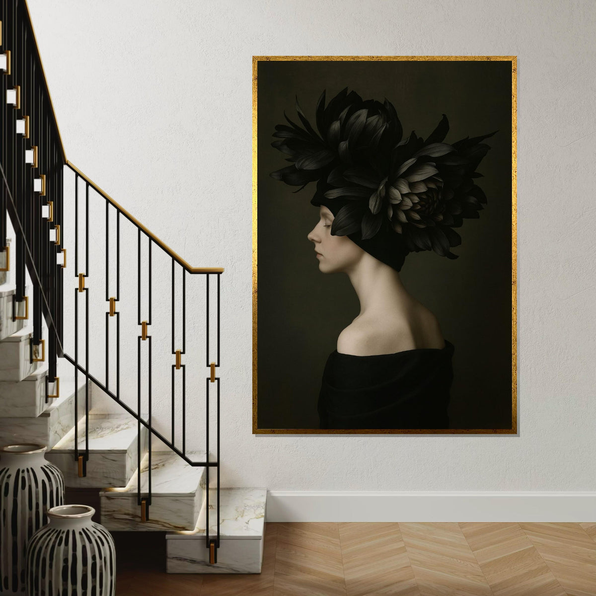 Elegant Floral Headdress Canvas, Woman in Profile Art, Flower Art Print, Wall Art Canvas Design, Ready to Hang Decoration