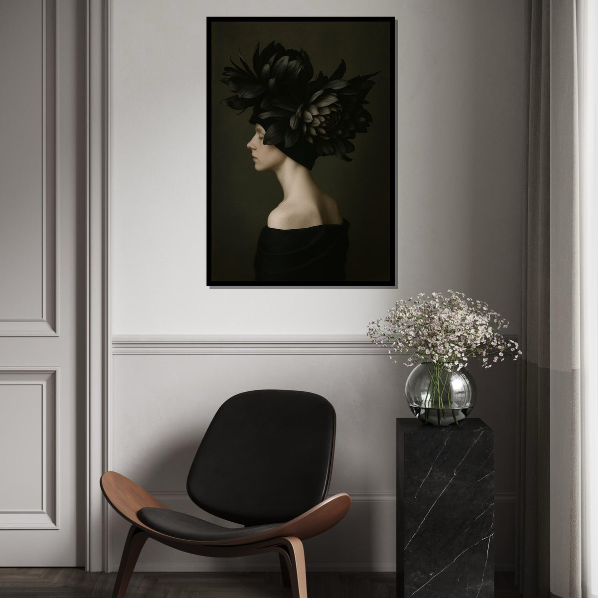 Elegant Floral Headdress Canvas, Woman in Profile Art, Flower Art Print, Wall Art Canvas Design, Ready to Hang Decoration