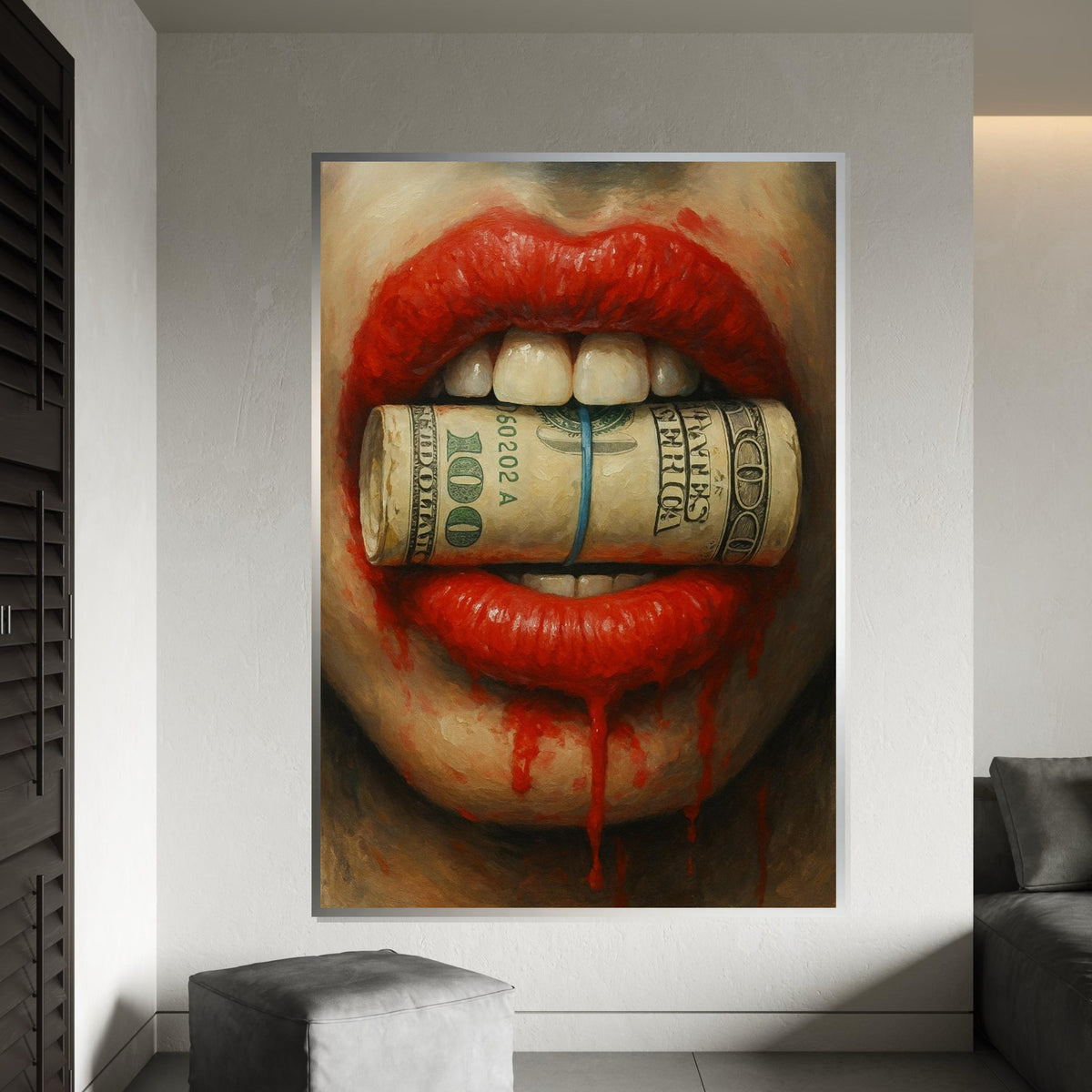 Red Lips Money Canvas, Bold Art Print, Contemporary Wall Art, Money Bite Design, Ready To Hang, Striking Home Decor, Art For Living Space