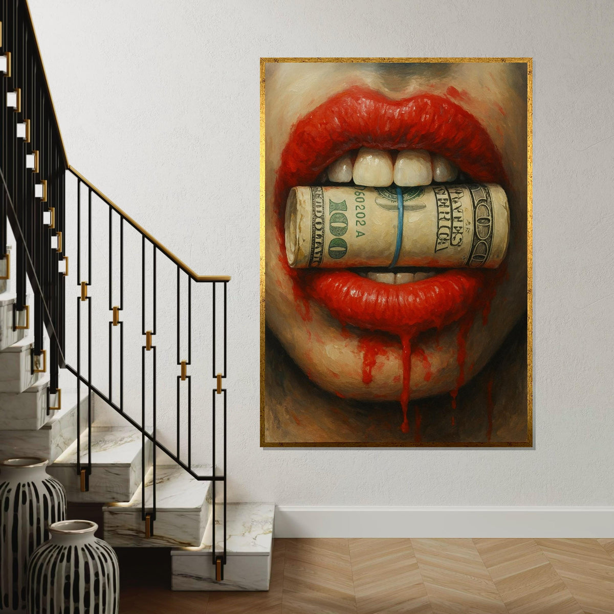 Red Lips Money Canvas, Bold Art Print, Contemporary Wall Art, Money Bite Design, Ready To Hang, Striking Home Decor, Art For Living Space