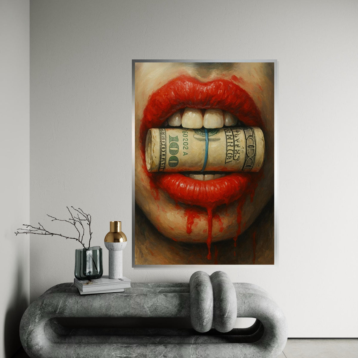 Red Lips Money Canvas, Bold Art Print, Contemporary Wall Art, Money Bite Design, Ready To Hang, Striking Home Decor, Art For Living Space