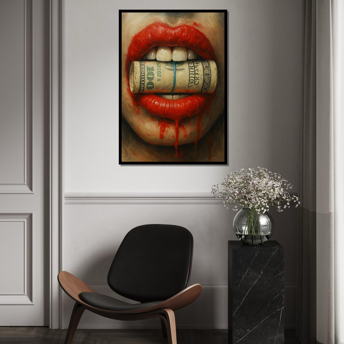 Red Lips Money Canvas, Bold Art Print, Contemporary Wall Art, Money Bite Design, Ready To Hang, Striking Home Decor, Art For Living Space