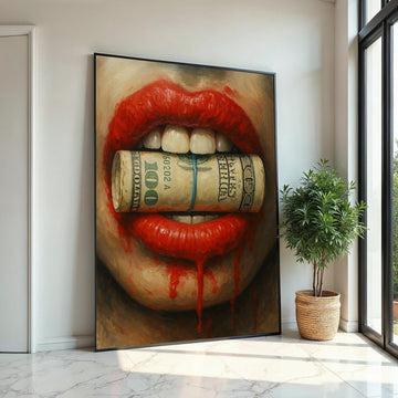 Red Lips Money Canvas, Bold Art Print, Contemporary Wall Art, Money Bite Design, Ready To Hang, Striking Home Decor, Art For Living Space