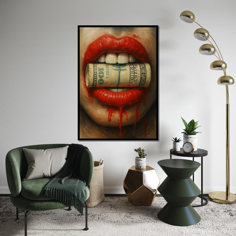 Red Lips Money Canvas, Bold Art Print, Contemporary Wall Art, Money Bite Design, Ready To Hang, Striking Home Decor, Art For Living Space