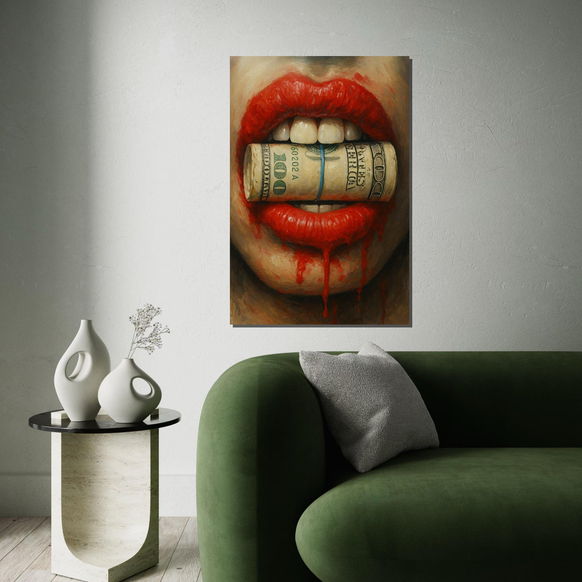 Red Lips Money Canvas, Bold Art Print, Contemporary Wall Art, Money Bite Design, Ready To Hang, Striking Home Decor, Art For Living Space