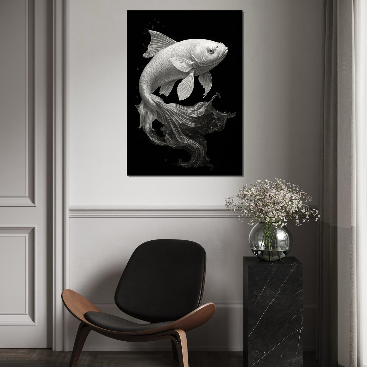 Graceful Koi Canvas Art, Black and White Fish Poster, Elegant Wall Art Design, Ready To Hang Decoration, AquariumThemed Canvas