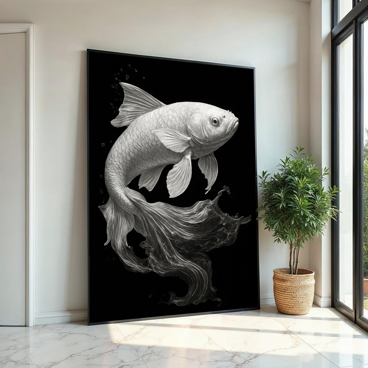 Graceful Koi Canvas Art, Black and White Fish Poster, Elegant Wall Art Design, Ready To Hang Decoration, AquariumThemed Canvas