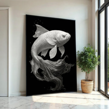 Graceful Koi Canvas Art, Black and White Fish Poster, Elegant Wall Art Design, Ready To Hang Decoration, AquariumThemed Canvas