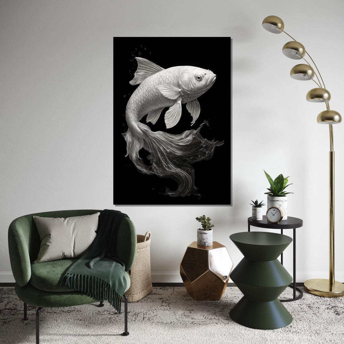 Graceful Koi Canvas Art, Black and White Fish Poster, Elegant Wall Art Design, Ready To Hang Decoration, AquariumThemed Canvas