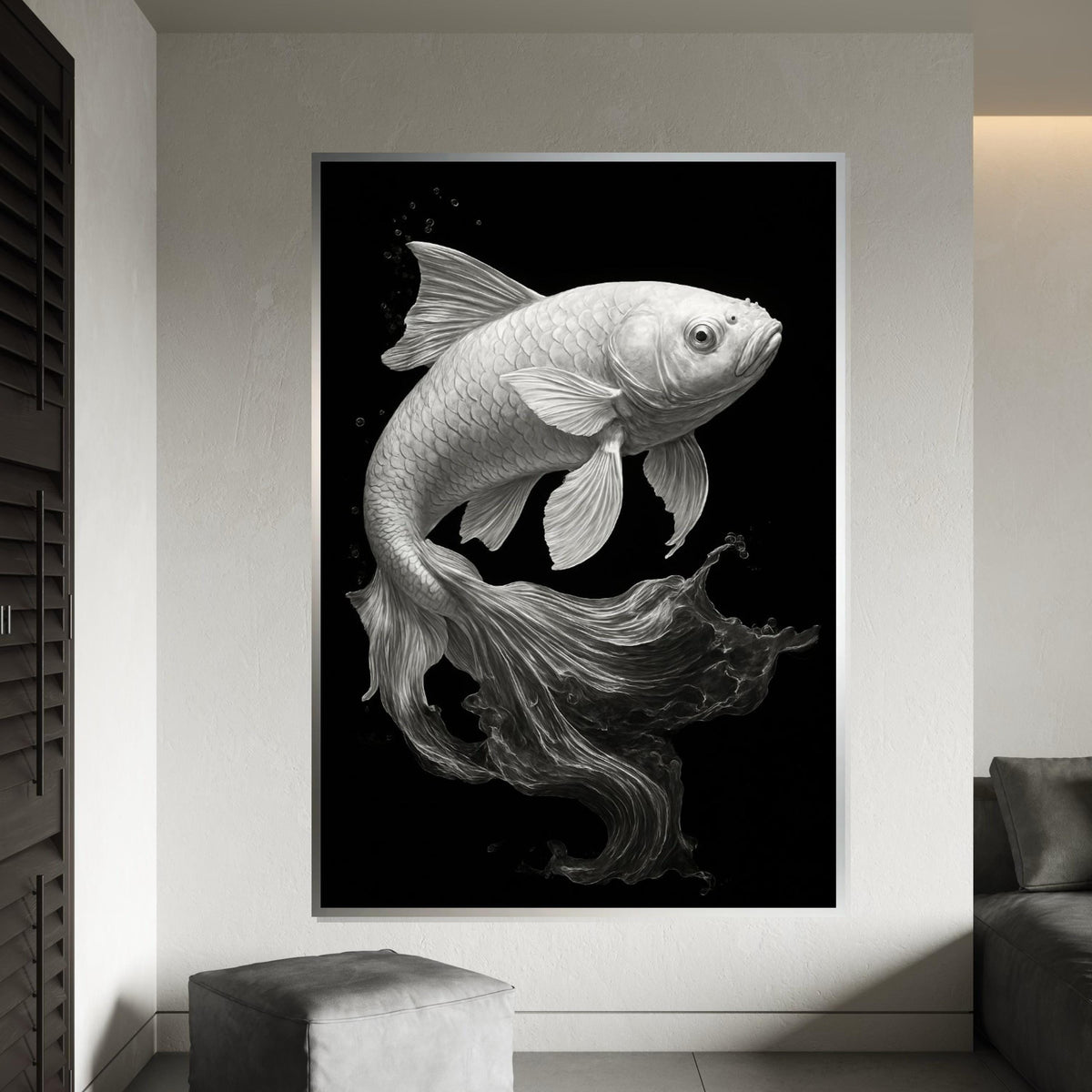 Graceful Koi Canvas Art, Black and White Fish Poster, Elegant Wall Art Design, Ready To Hang Decoration, AquariumThemed Canvas
