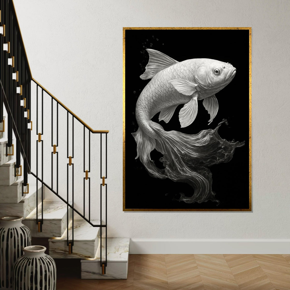 Graceful Koi Canvas Art, Black and White Fish Poster, Elegant Wall Art Design, Ready To Hang Decoration, AquariumThemed Canvas