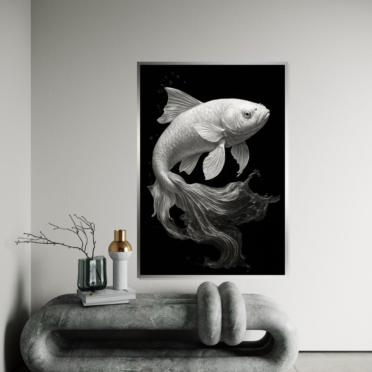 Graceful Koi Canvas Art, Black and White Fish Poster, Elegant Wall Art Design, Ready To Hang Decoration, AquariumThemed Canvas