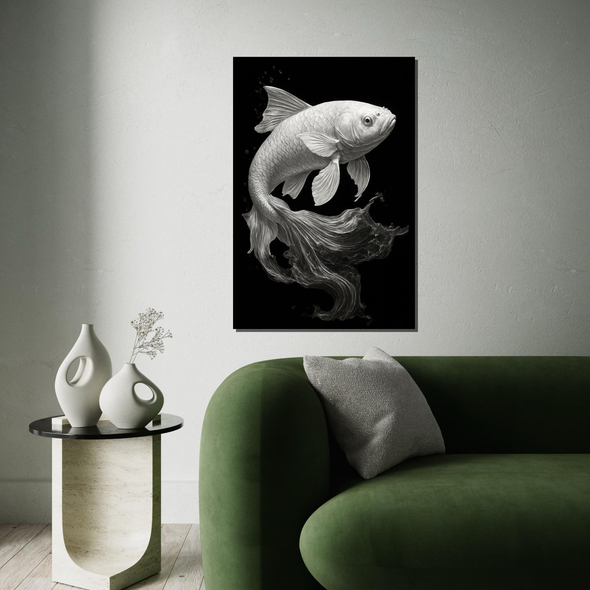 Graceful Koi Canvas Art, Black and White Fish Poster, Elegant Wall Art Design, Ready To Hang Decoration, AquariumThemed Canvas
