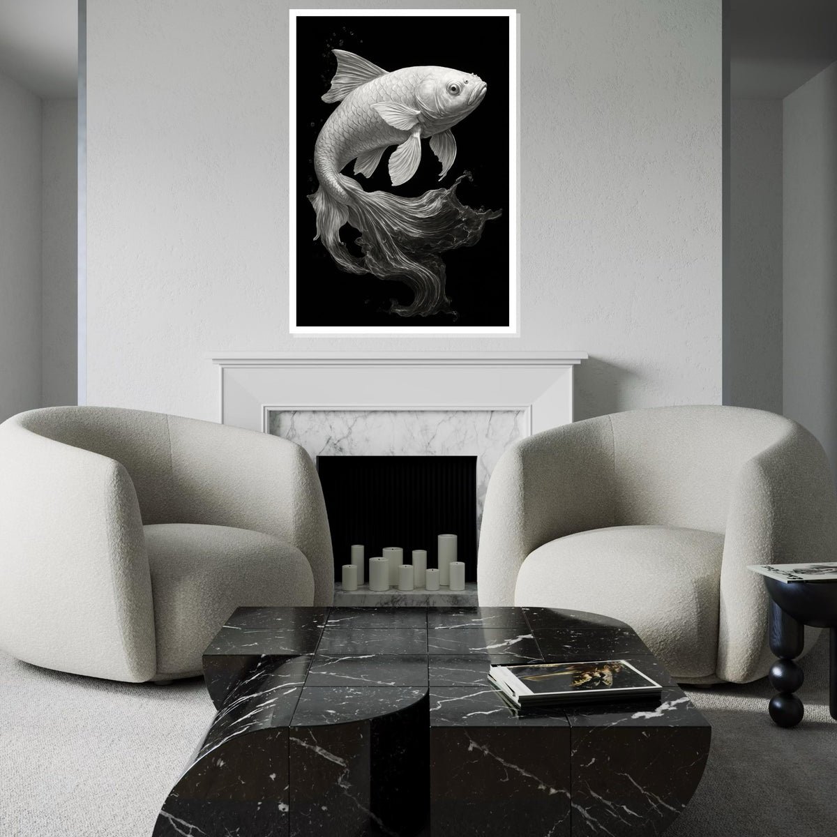 Graceful Koi Canvas Art, Black and White Fish Poster, Elegant Wall Art Design, Ready To Hang Decoration, AquariumThemed Canvas