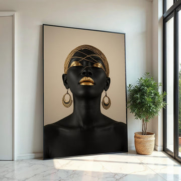 Golden Elegance Canvas, Ethnic Art, Black and Gold Portrait, Modern Wall Art, Canvas Design, Framed Ready To Hang Decoration, Glamour Art