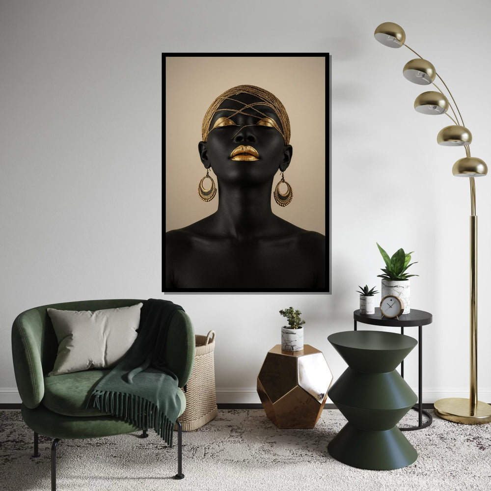 Golden Elegance Canvas, Ethnic Art, Black and Gold Portrait, Modern Wall Art, Canvas Design, Framed Ready To Hang Decoration, Glamour Art