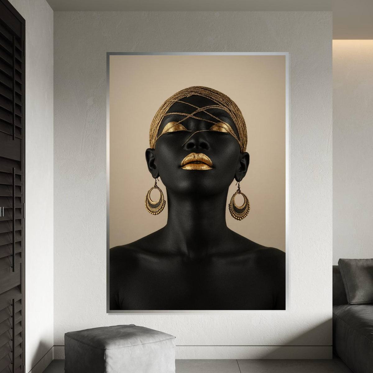 Golden Elegance Canvas, Ethnic Art, Black and Gold Portrait, Modern Wall Art, Canvas Design, Framed Ready To Hang Decoration, Glamour Art