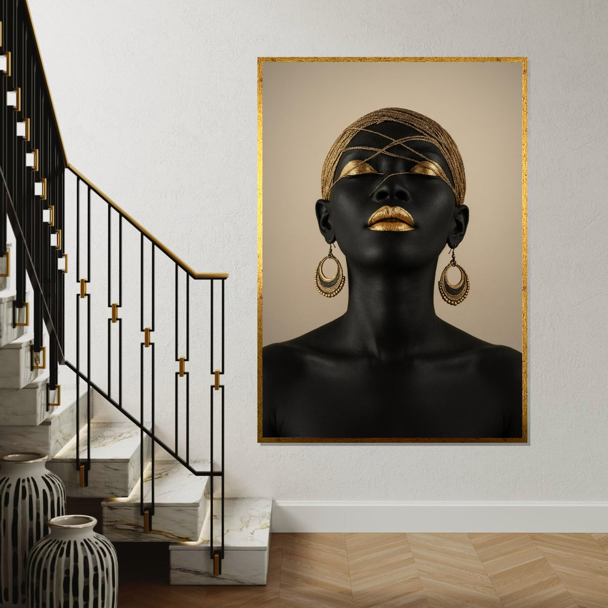 Golden Elegance Canvas, Ethnic Art, Black and Gold Portrait, Modern Wall Art, Canvas Design, Framed Ready To Hang Decoration, Glamour Art