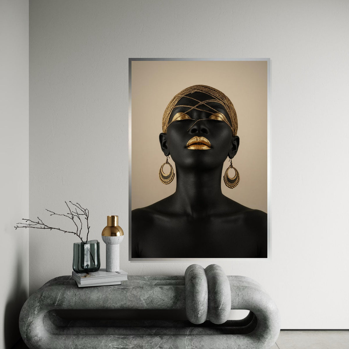 Golden Elegance Canvas, Ethnic Art, Black and Gold Portrait, Modern Wall Art, Canvas Design, Framed Ready To Hang Decoration, Glamour Art