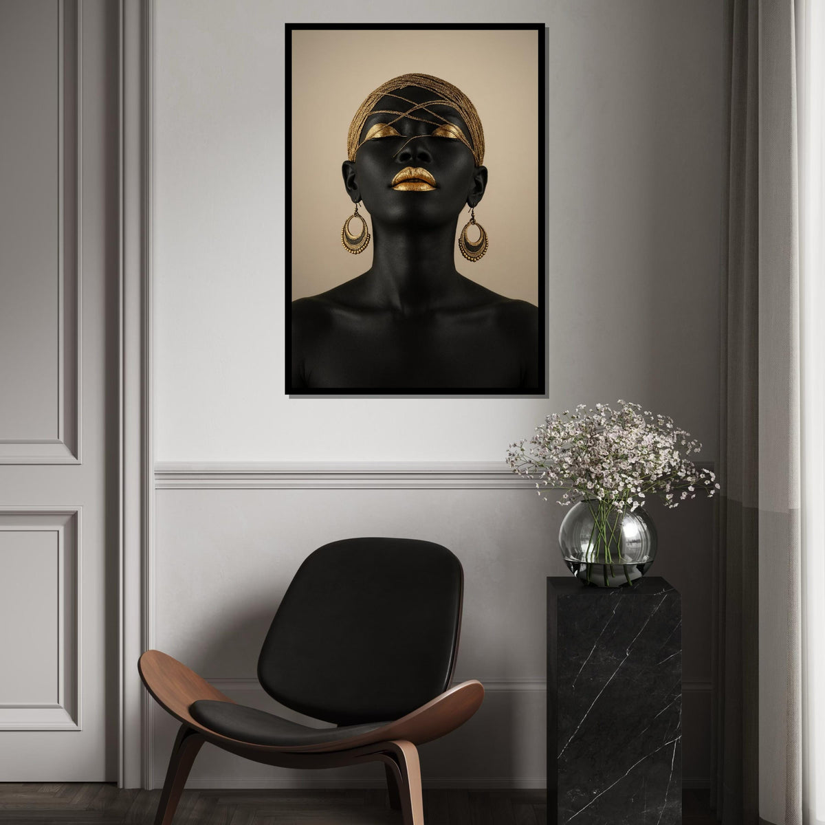 Golden Elegance Canvas, Ethnic Art, Black and Gold Portrait, Modern Wall Art, Canvas Design, Framed Ready To Hang Decoration, Glamour Art