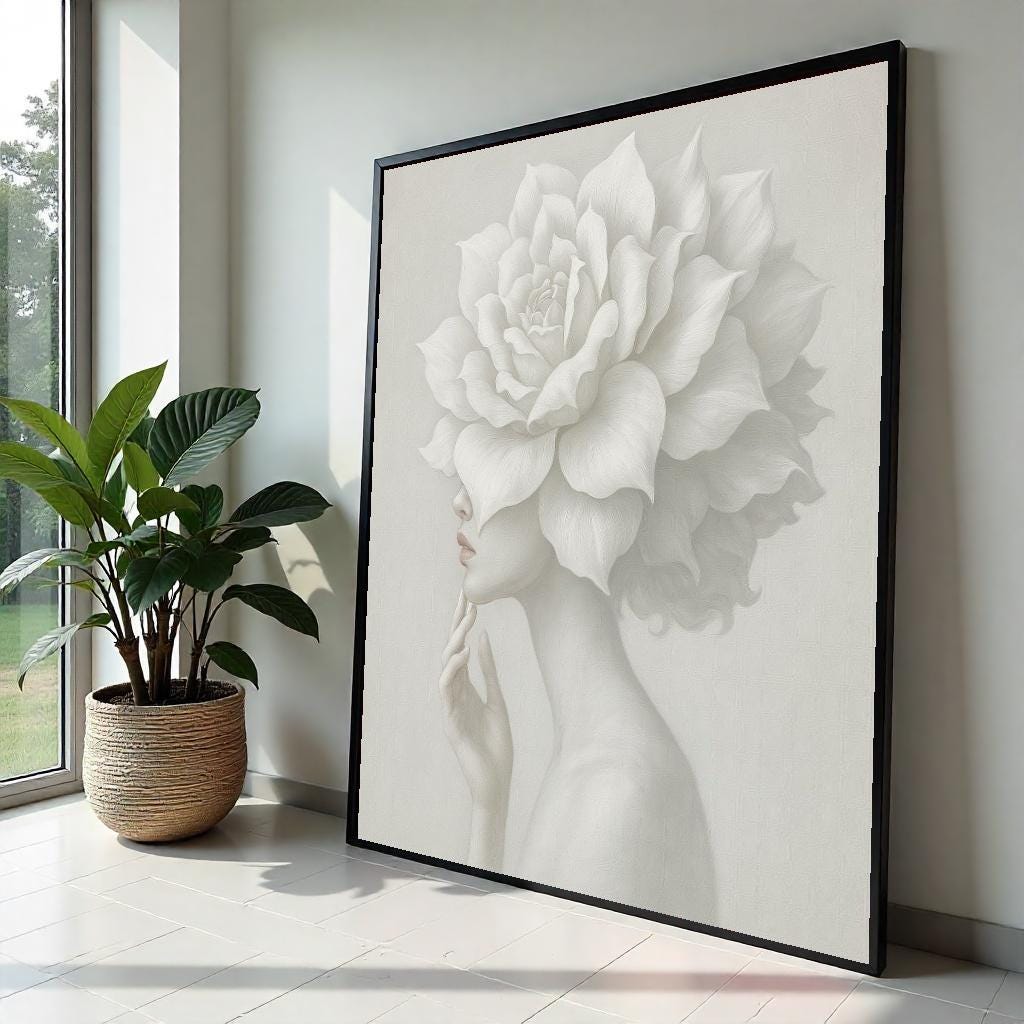 Serene Floral Woman Canvas, Elegant Flower Head Art, Decorative Wall Canvas, Artistic Wall Art Design, Ready To Hang Home Decor