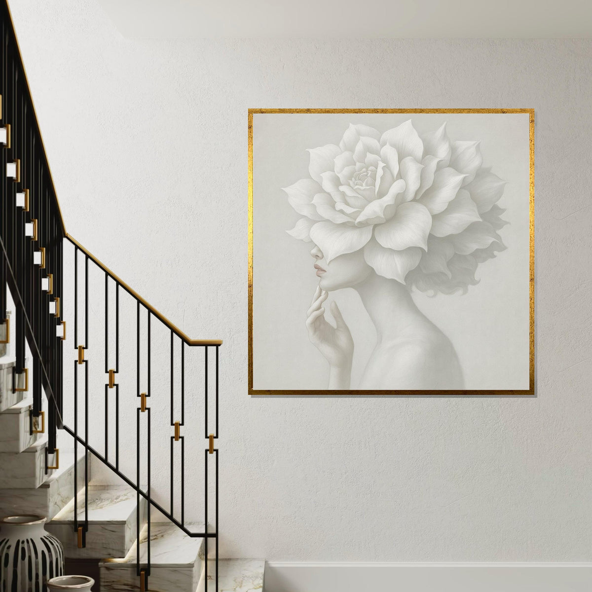 Serene Floral Woman Canvas, Elegant Flower Head Art, Decorative Wall Canvas, Artistic Wall Art Design, Ready To Hang Home Decor