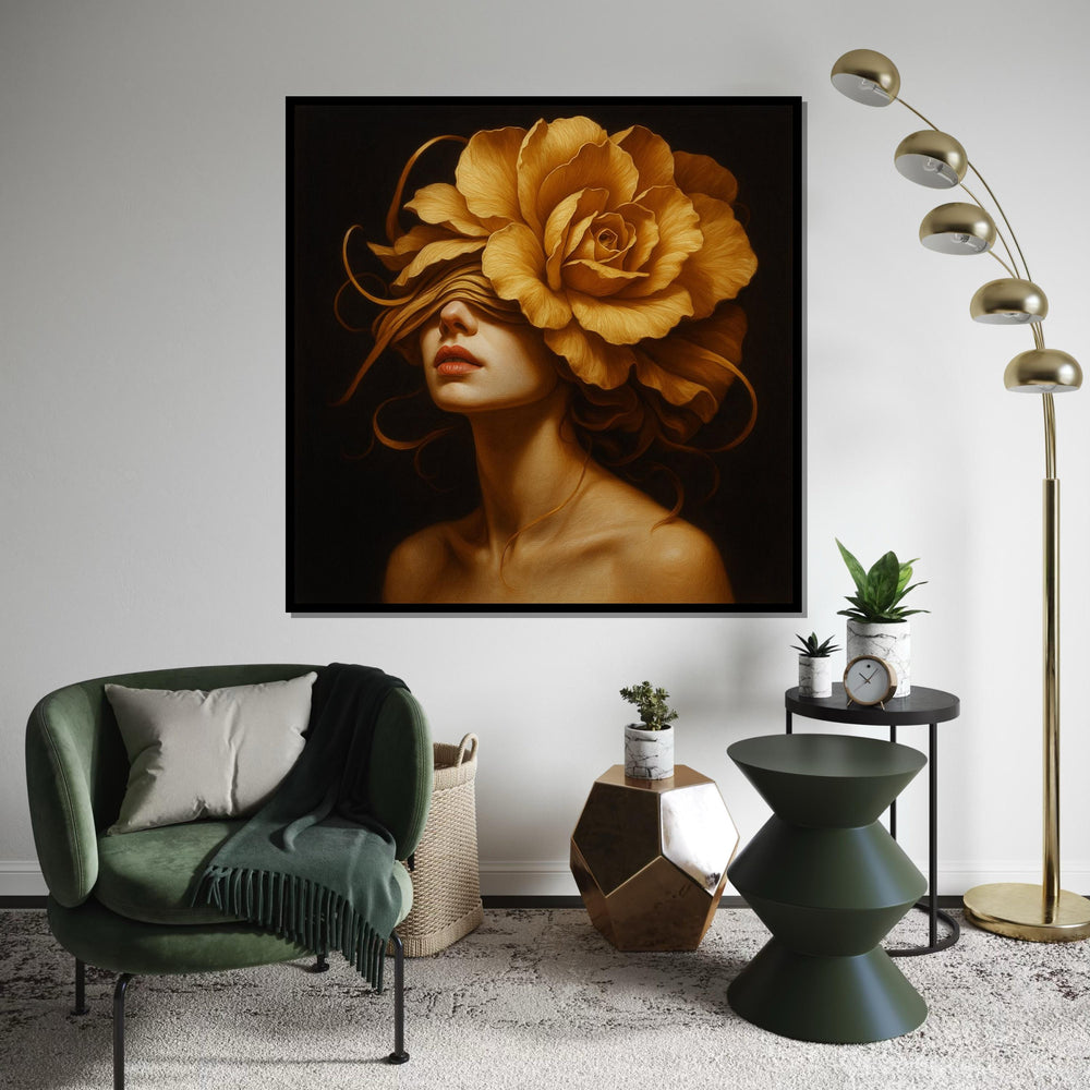 Golden Rose Lady, Floral Portrait Canvas, Flower Head Woman Art, Wall Art Canvas Design, Ready to Hang Decoration