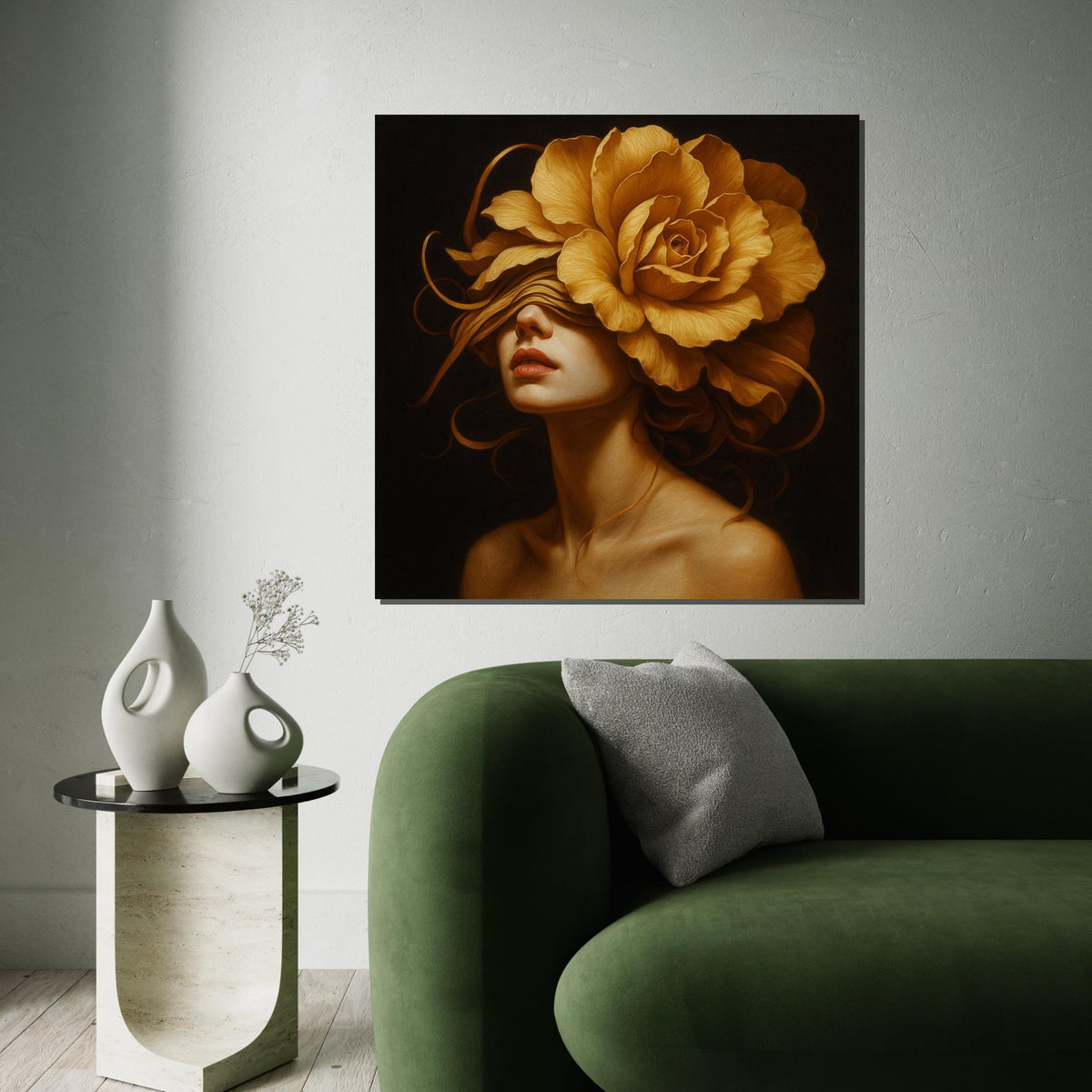 Golden Rose Lady, Floral Portrait Canvas, Flower Head Woman Art, Wall Art Canvas Design, Ready to Hang Decoration