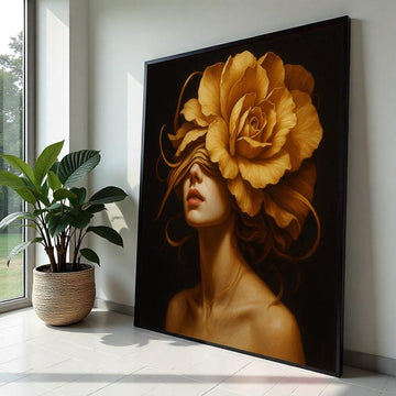 Golden Rose Lady, Floral Portrait Canvas, Flower Head Woman Art, Wall Art Canvas Design, Ready to Hang Decoration