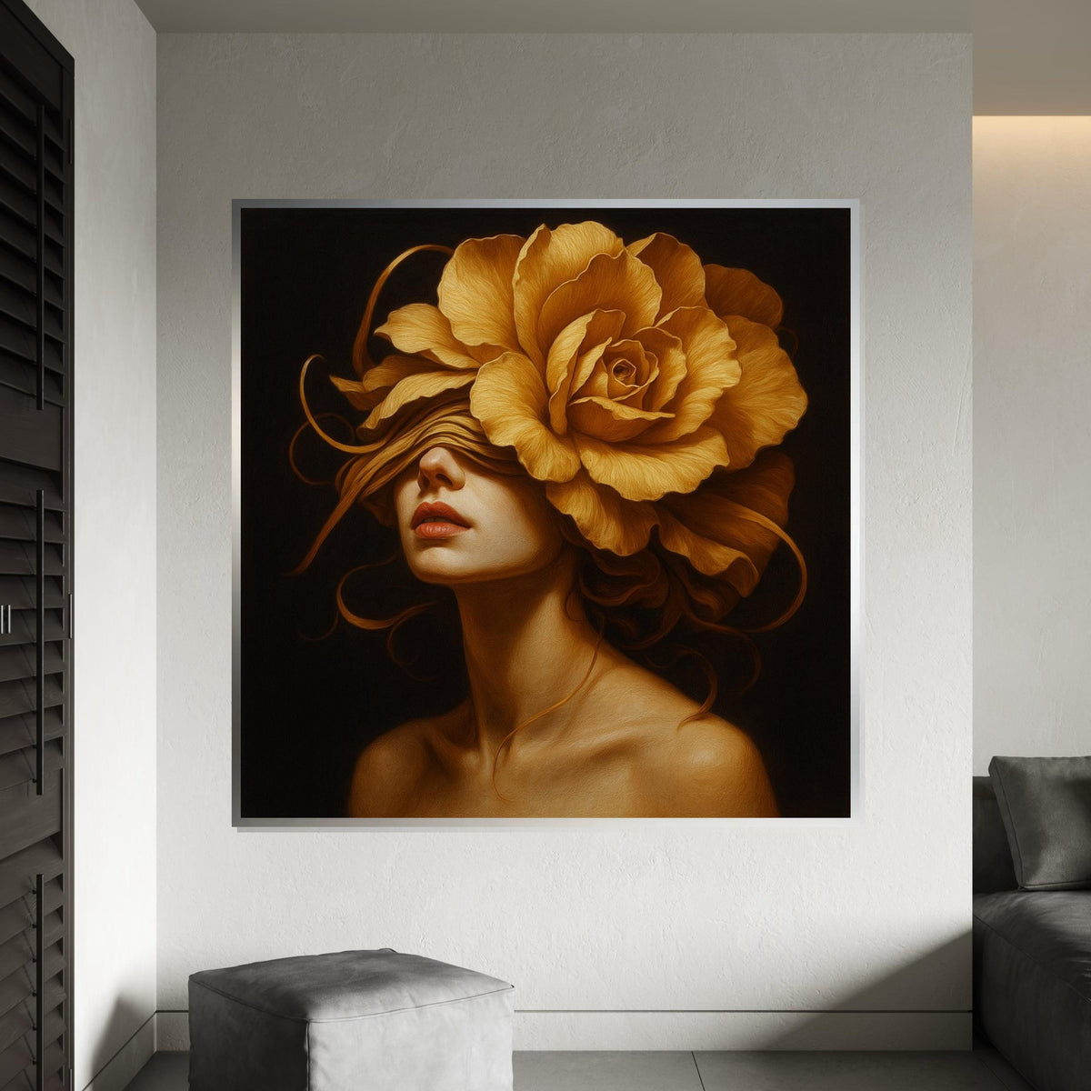 Golden Rose Lady, Floral Portrait Canvas, Flower Head Woman Art, Wall Art Canvas Design, Ready to Hang Decoration