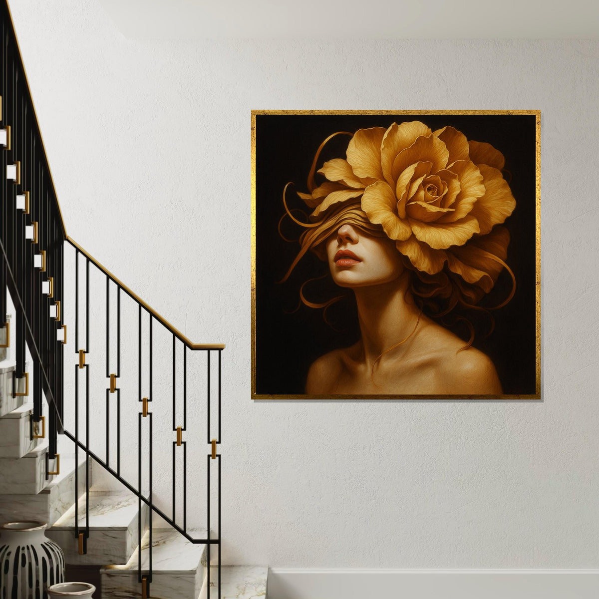 Golden Rose Lady, Floral Portrait Canvas, Flower Head Woman Art, Wall Art Canvas Design, Ready to Hang Decoration