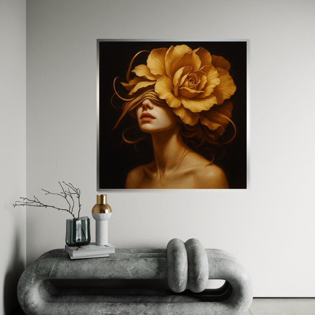 Golden Rose Lady, Floral Portrait Canvas, Flower Head Woman Art, Wall Art Canvas Design, Ready to Hang Decoration