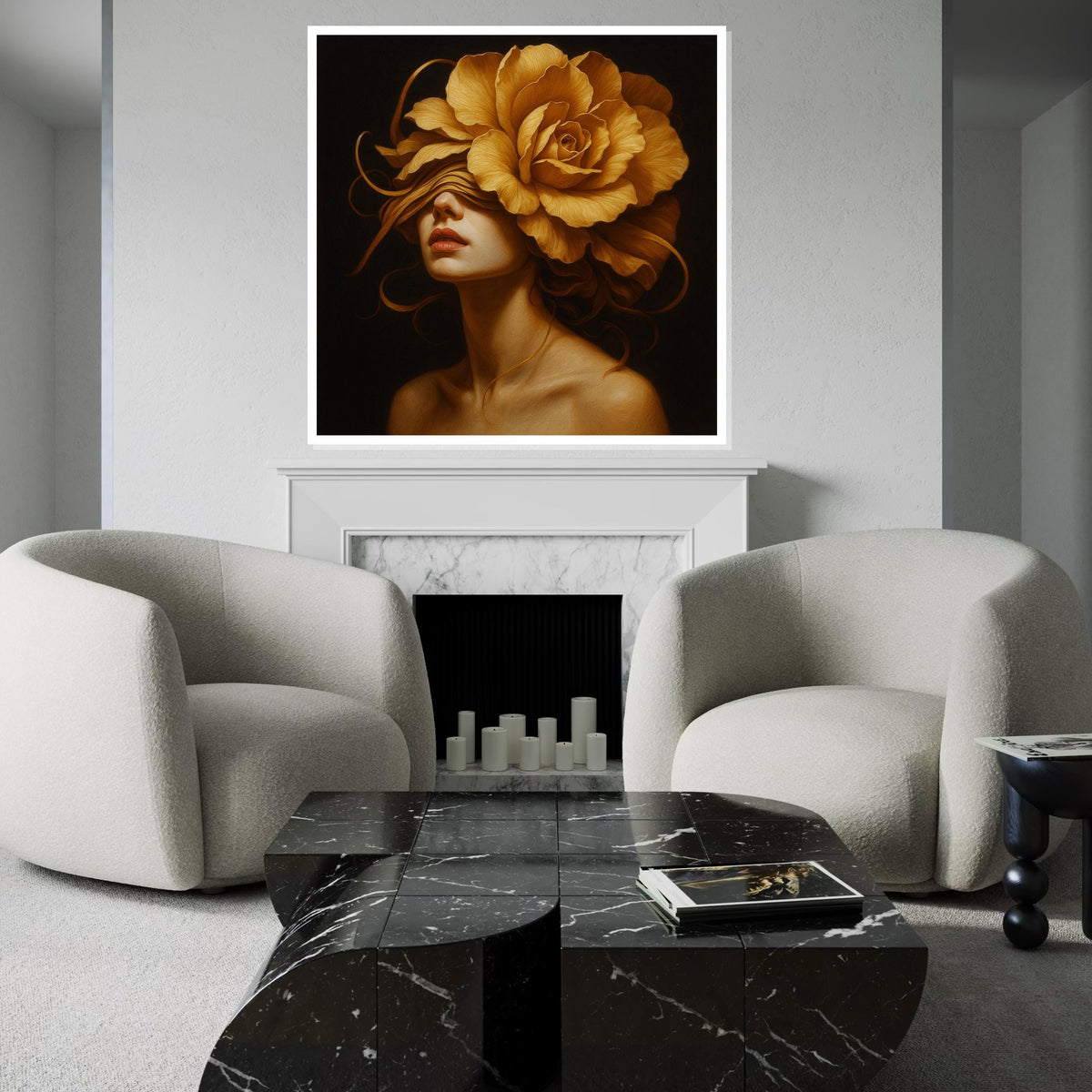 Golden Rose Lady, Floral Portrait Canvas, Flower Head Woman Art, Wall Art Canvas Design, Ready to Hang Decoration