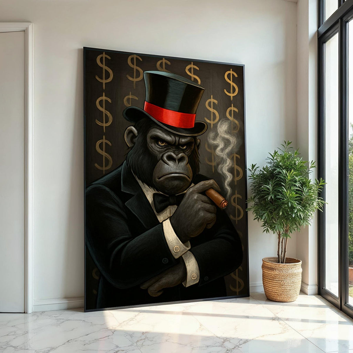 Elegant Gorilla Canvas, Gorilla in Suit Smoking Cigar, Wall Art Canvas Design, Ready to Hang Decoration, Luxury Animal Art Print