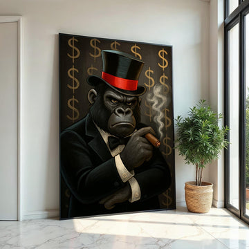 Elegant Gorilla Canvas, Gorilla in Suit Smoking Cigar, Wall Art Canvas Design, Ready to Hang Decoration, Luxury Animal Art Print