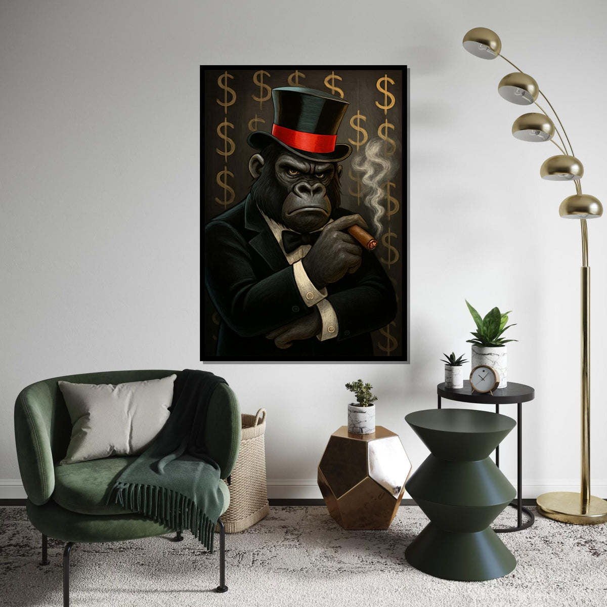 Elegant Gorilla Canvas, Gorilla in Suit Smoking Cigar, Wall Art Canvas Design, Ready to Hang Decoration, Luxury Animal Art Print