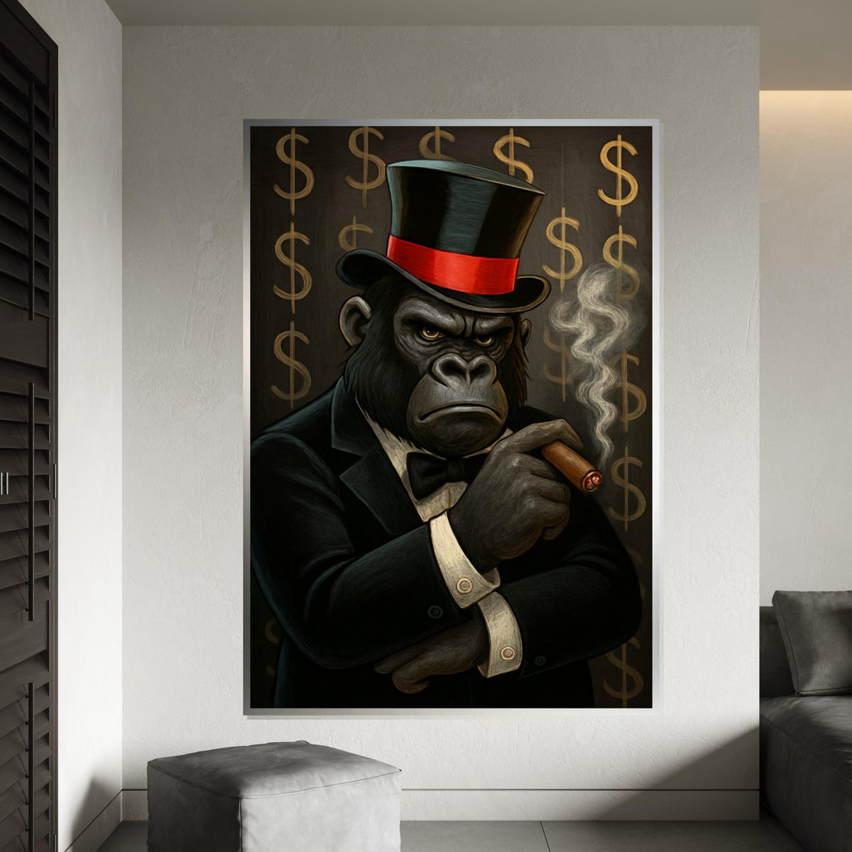 Elegant Gorilla Canvas, Gorilla in Suit Smoking Cigar, Wall Art Canvas Design, Ready to Hang Decoration, Luxury Animal Art Print
