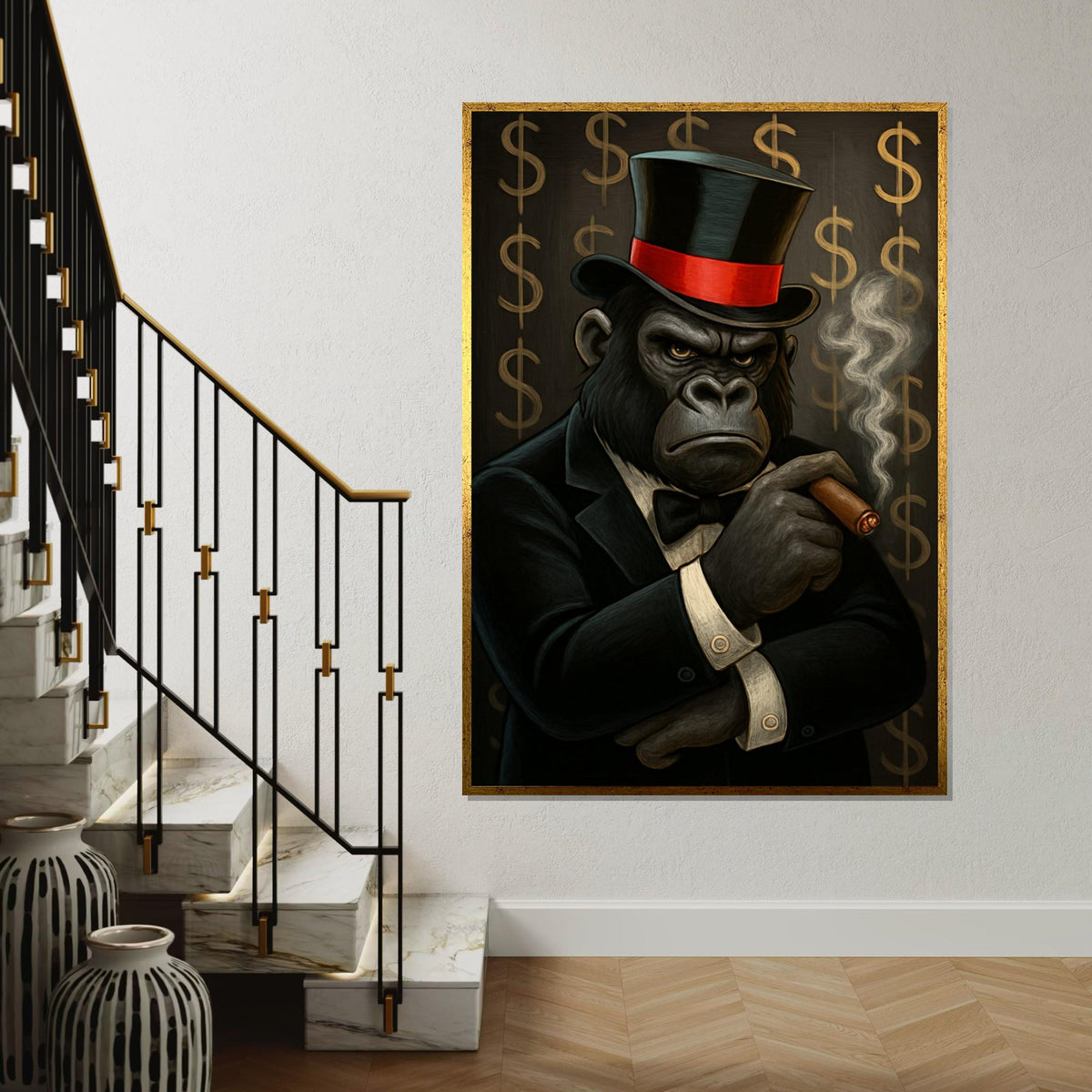 Elegant Gorilla Canvas, Gorilla in Suit Smoking Cigar, Wall Art Canvas Design, Ready to Hang Decoration, Luxury Animal Art Print
