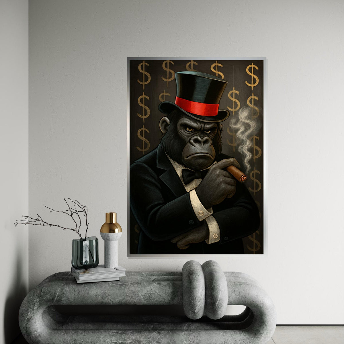 Elegant Gorilla Canvas, Gorilla in Suit Smoking Cigar, Wall Art Canvas Design, Ready to Hang Decoration, Luxury Animal Art Print