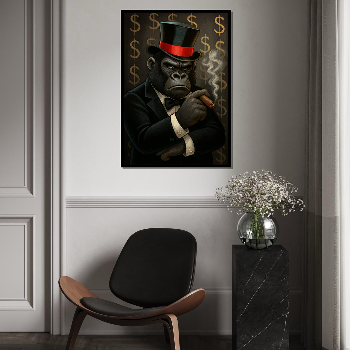 Elegant Gorilla Canvas, Gorilla in Suit Smoking Cigar, Wall Art Canvas Design, Ready to Hang Decoration, Luxury Animal Art Print
