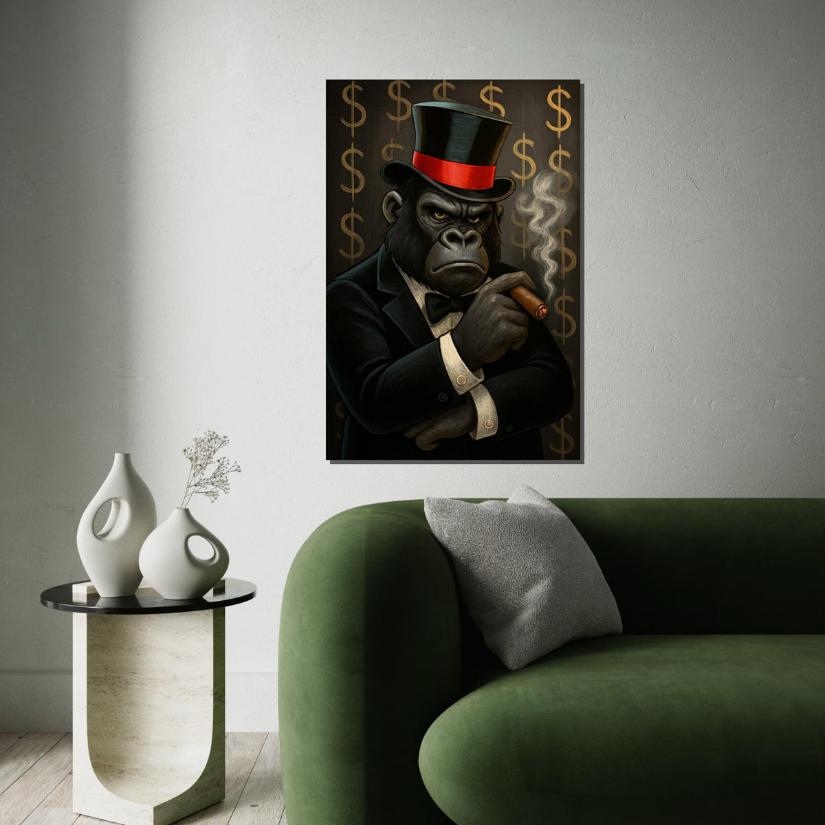 Elegant Gorilla Canvas, Gorilla in Suit Smoking Cigar, Wall Art Canvas Design, Ready to Hang Decoration, Luxury Animal Art Print