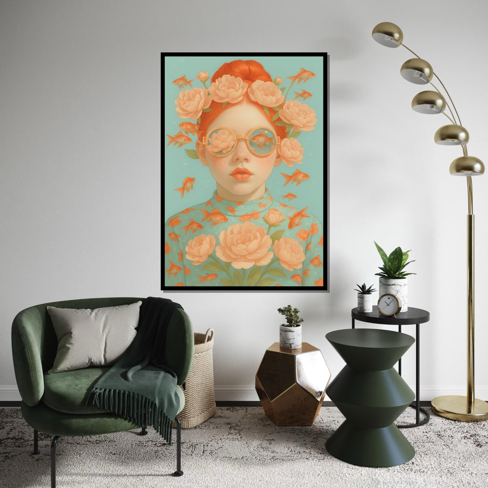 Floral Dream Girl Canvas, Fish and Flowers Wall Art, Whimsical Portrait Design, Surreal Art Canvas, Ready To Hang Home Decor