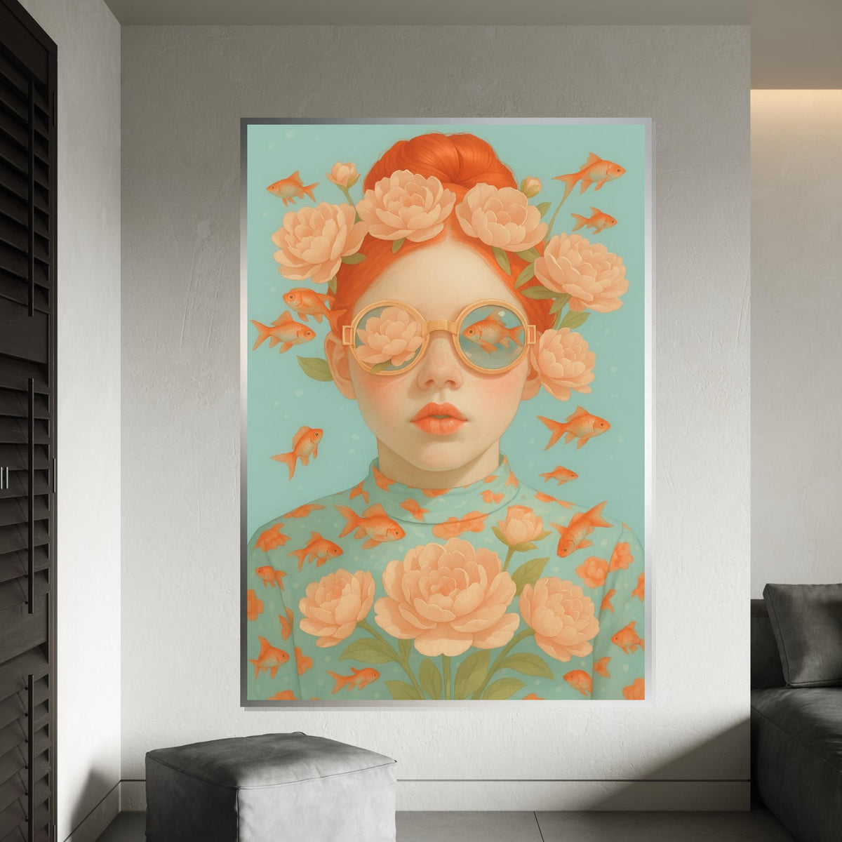 Floral Dream Girl Canvas, Fish and Flowers Wall Art, Whimsical Portrait Design, Surreal Art Canvas, Ready To Hang Home Decor