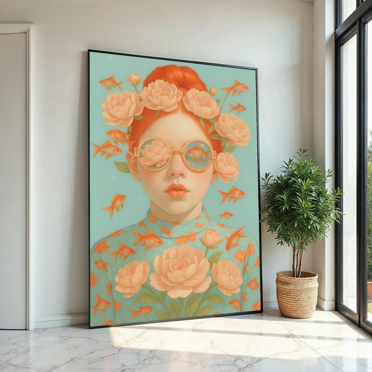 Floral Dream Girl Canvas, Fish and Flowers Wall Art, Whimsical Portrait Design, Surreal Art Canvas, Ready To Hang Home Decor