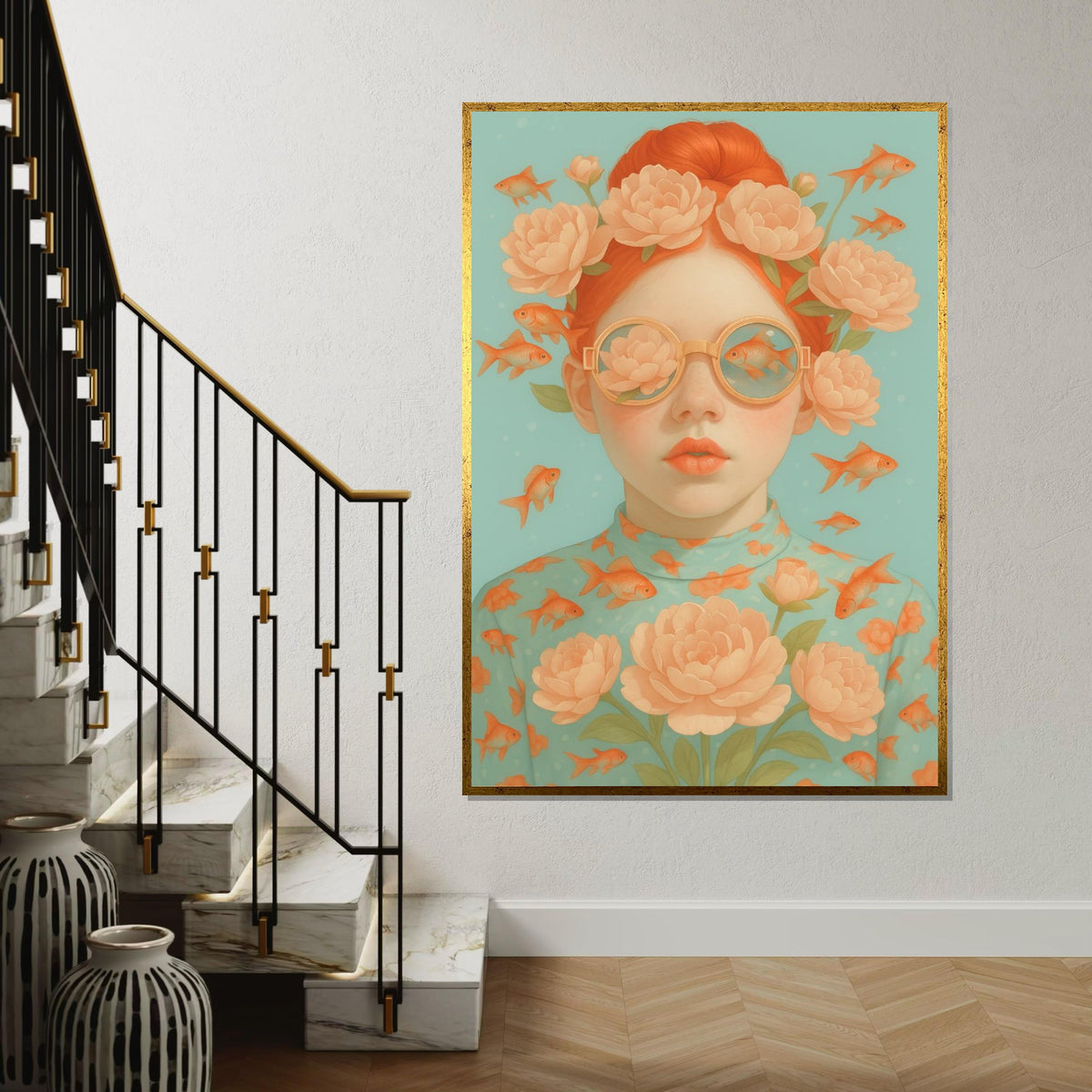 Floral Dream Girl Canvas, Fish and Flowers Wall Art, Whimsical Portrait Design, Surreal Art Canvas, Ready To Hang Home Decor
