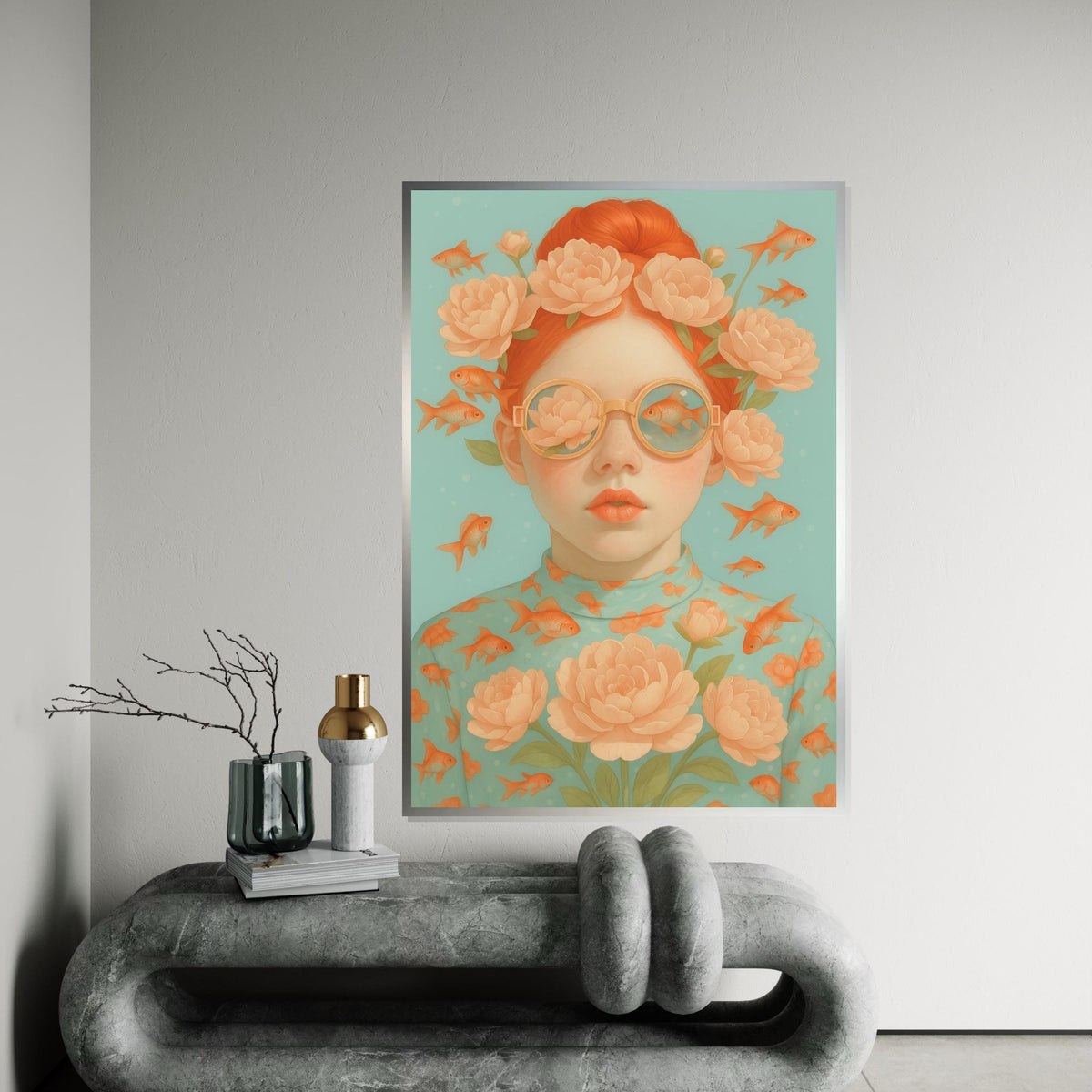 Floral Dream Girl Canvas, Fish and Flowers Wall Art, Whimsical Portrait Design, Surreal Art Canvas, Ready To Hang Home Decor